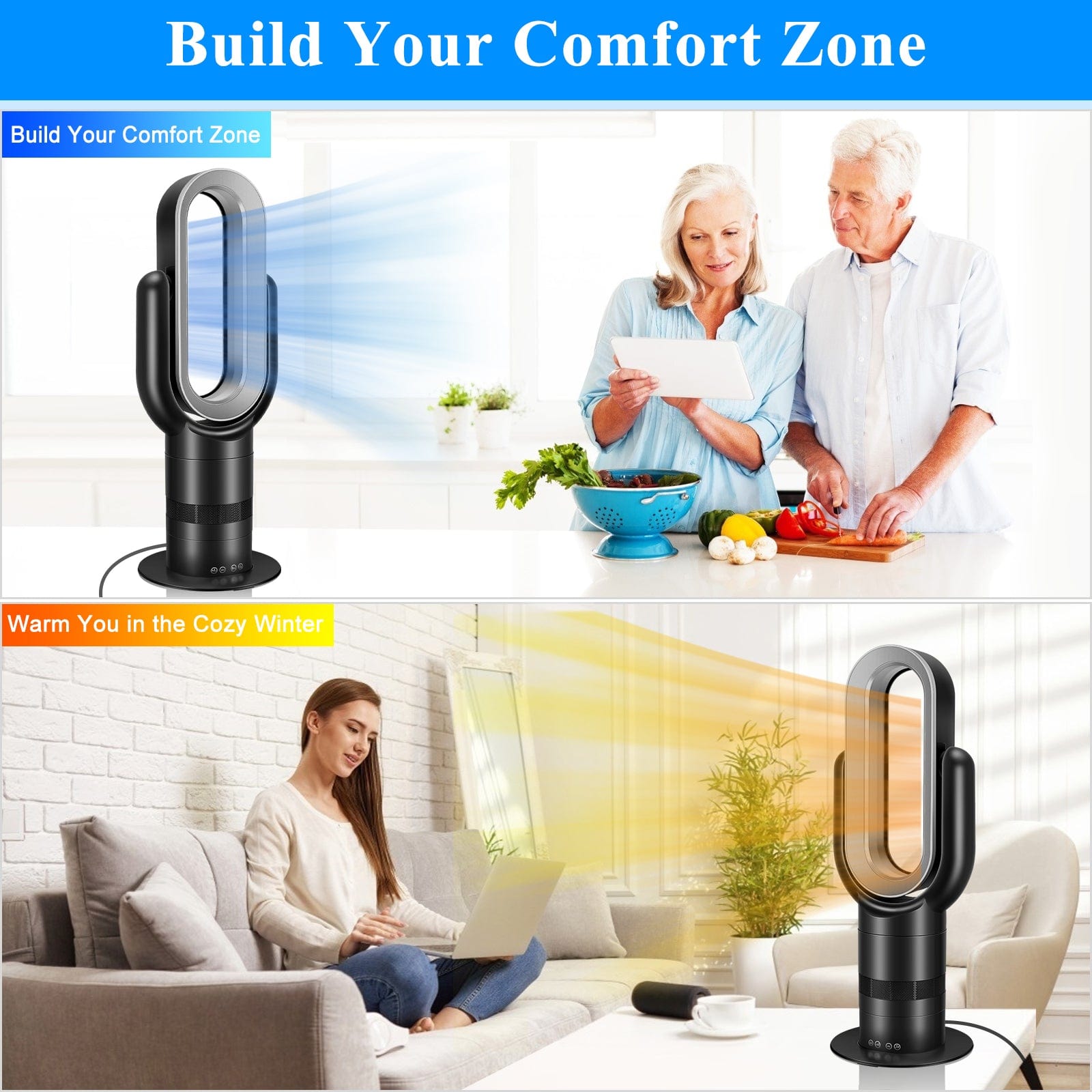 ShiningShow 26-inch Space Heater Bladeless Tower Fan, Heater & Coolingn Combo, with Remote Control, for Home Air Conditioner
