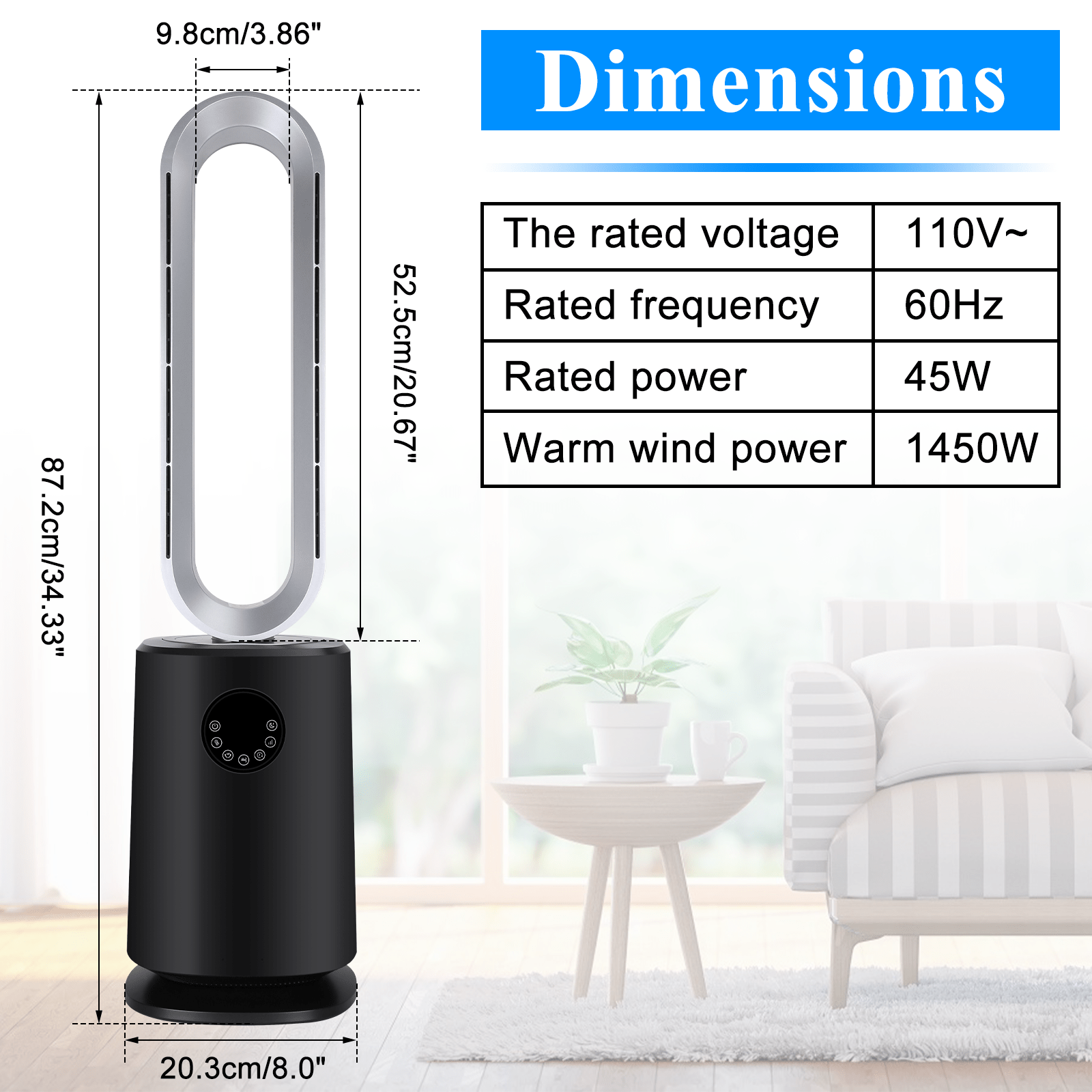 ShiningShow 35-inch Space Heater Bladeless Tower Fan, Heater & Cooling Air Purifier, with Remote Control, Air Circulator Fan for Home Air Conditioner