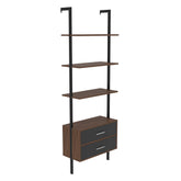ShiningShow-Ladder-Bookcase-Vertical-Open-Space-Shelf-with-2-Drawers-Office-Bookshelf-Wall-Mount-Required-_walnut_-Provides-Storage-for-Artwork-Decorative-Figurines-and-Potted-Plants