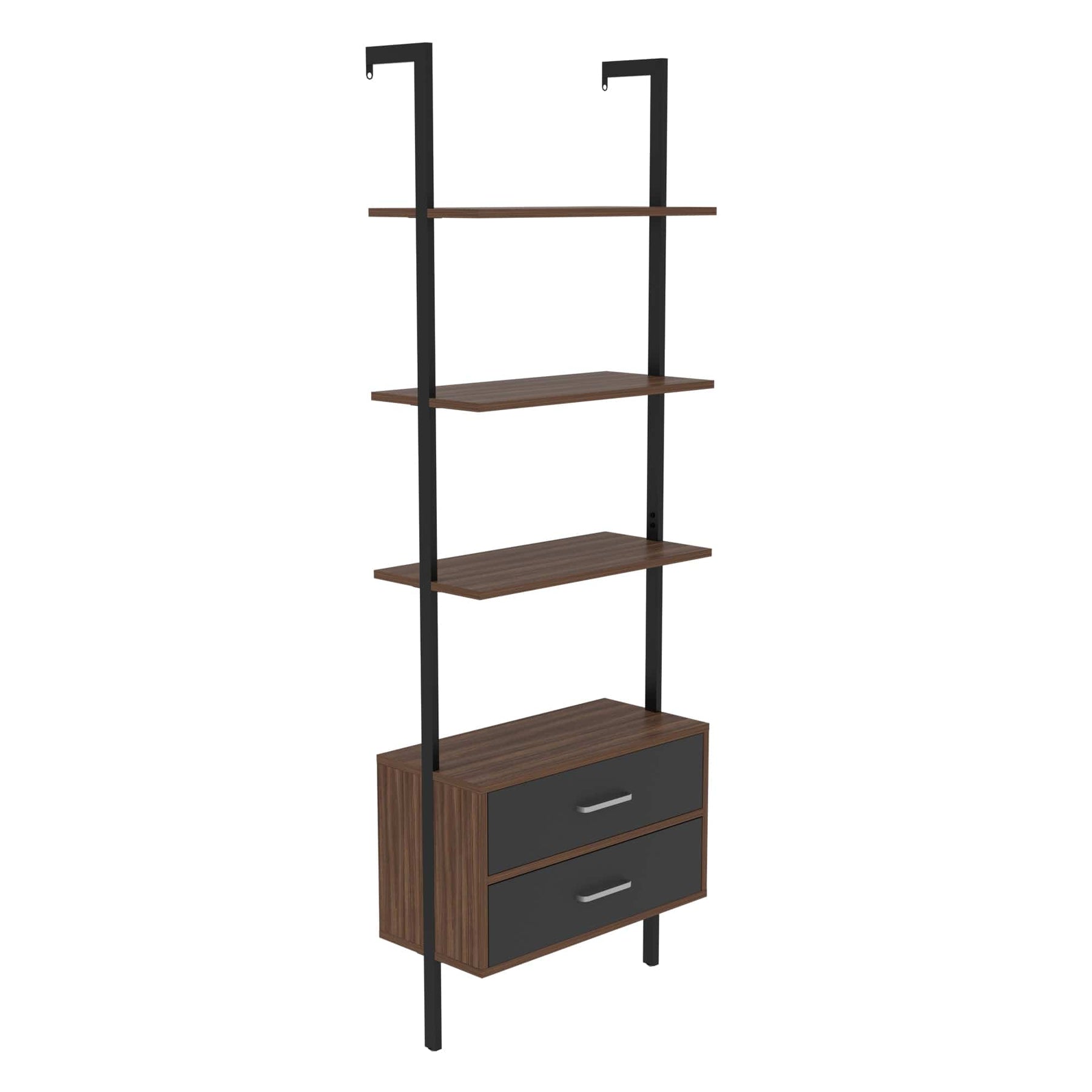 ShiningShow-Ladder-Bookcase-Vertical-Open-Space-Shelf-with-2-Drawers-Office-Bookshelf-Wall-Mount-Required-_walnut_-Provides-Storage-for-Artwork-Decorative-Figurines-and-Potted-Plants