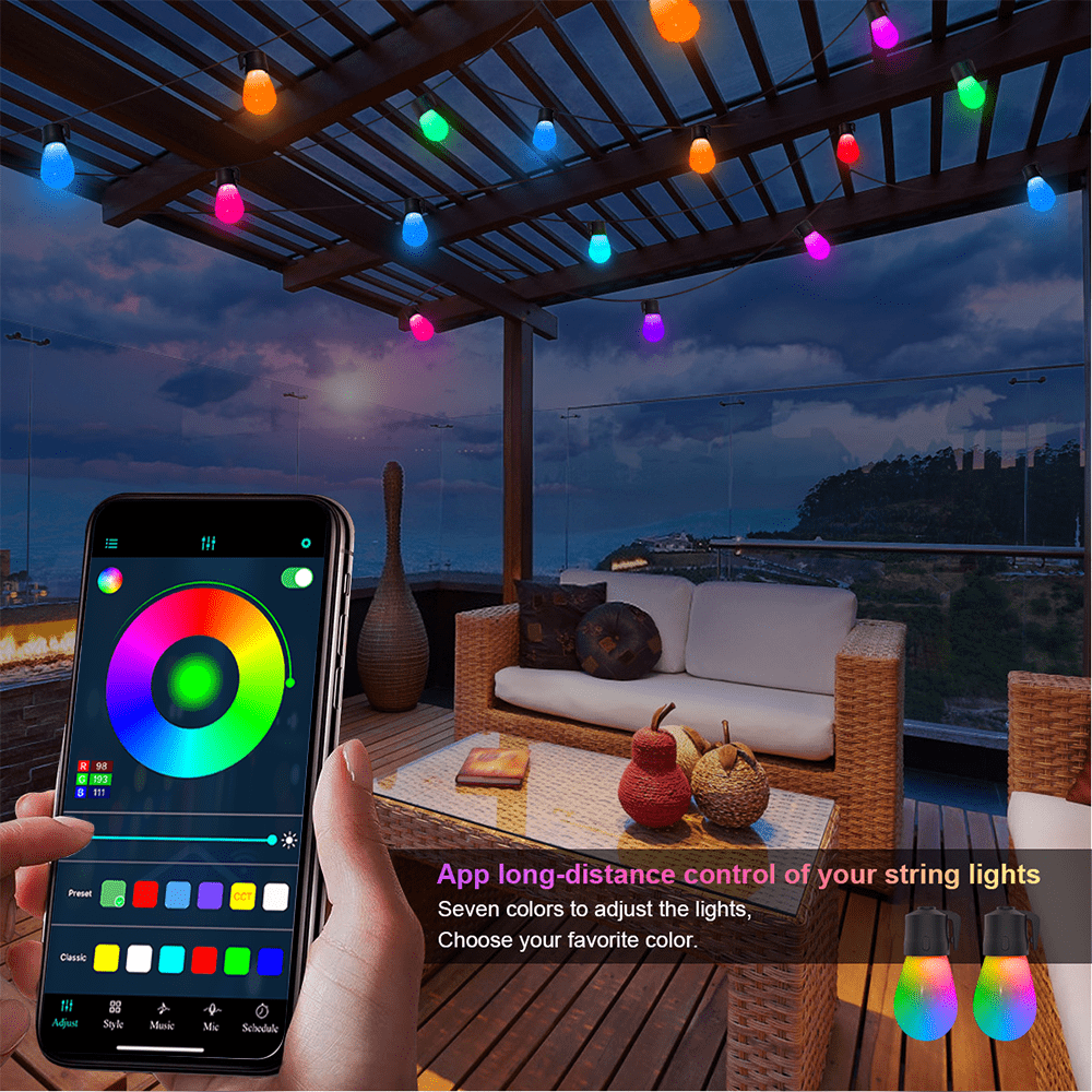 ShiningShow Smart String Lights,15m Colored Patio Lights Works By Bluetooth or wifi, 15 Shatterproof RGBW Bulbs, Waterproof Hanging Lights for Outdoor Patio, Backyard, Porch, Deck, Pool, Party