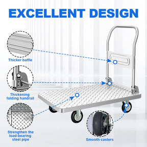 ShiningShow Stainless Steel Platform Truck with 660lb Weight Capacity and 360 Degree Swivel Wheels, Foldable Push Hand Cart for Loading and Storage